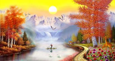 美坊 山水风景油画日出白桦林手绘欧式客厅玄关餐厅装饰画壁画纯手绘油画 大尺寸可定制